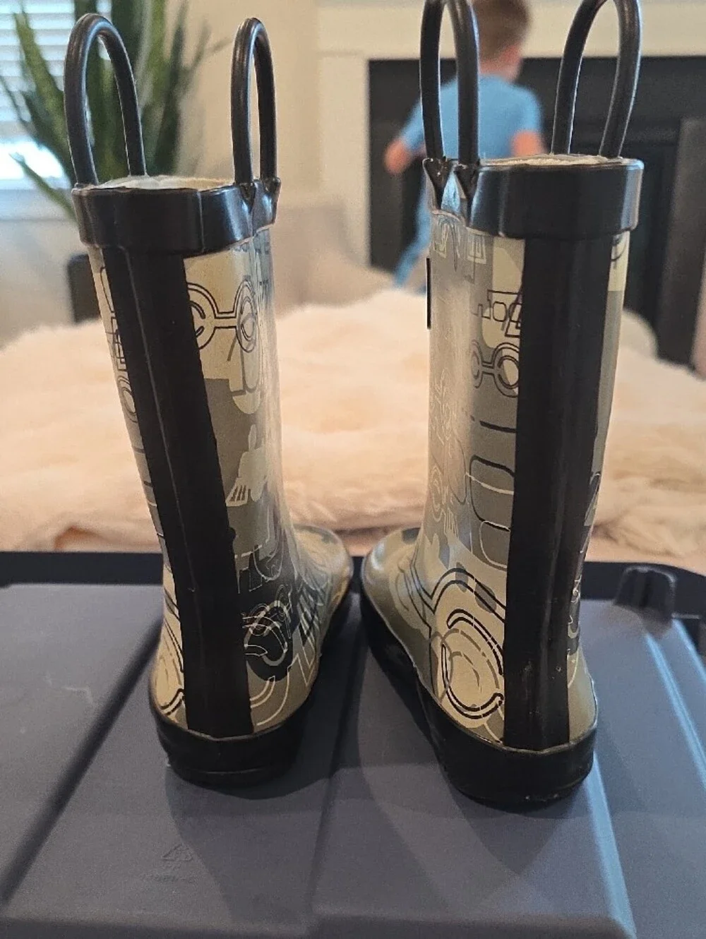 OAK Kids Olive Green Train-Print Rain Boots with Black Trim